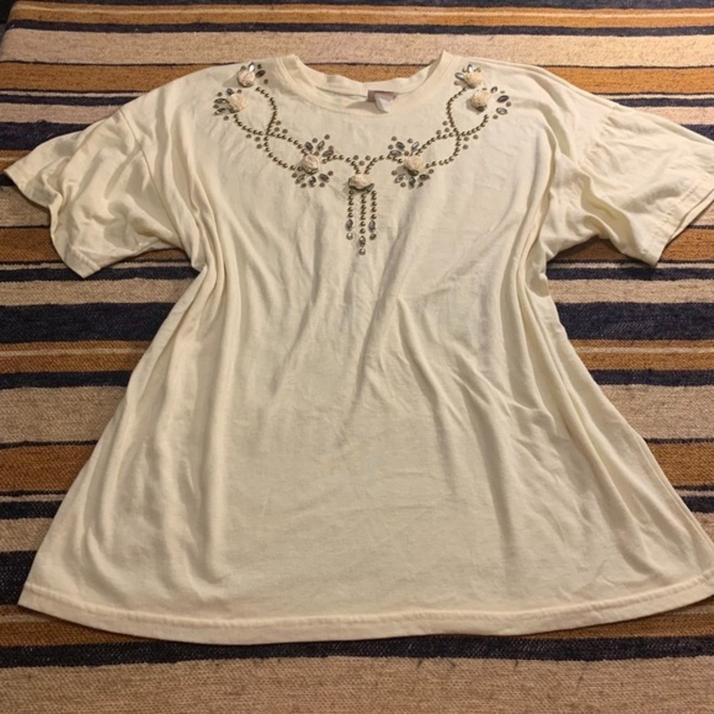 Vintage T-Shirt Tee Short Sleeve Cotton Pastel Yellow Bedazzled‎ Floral Applique